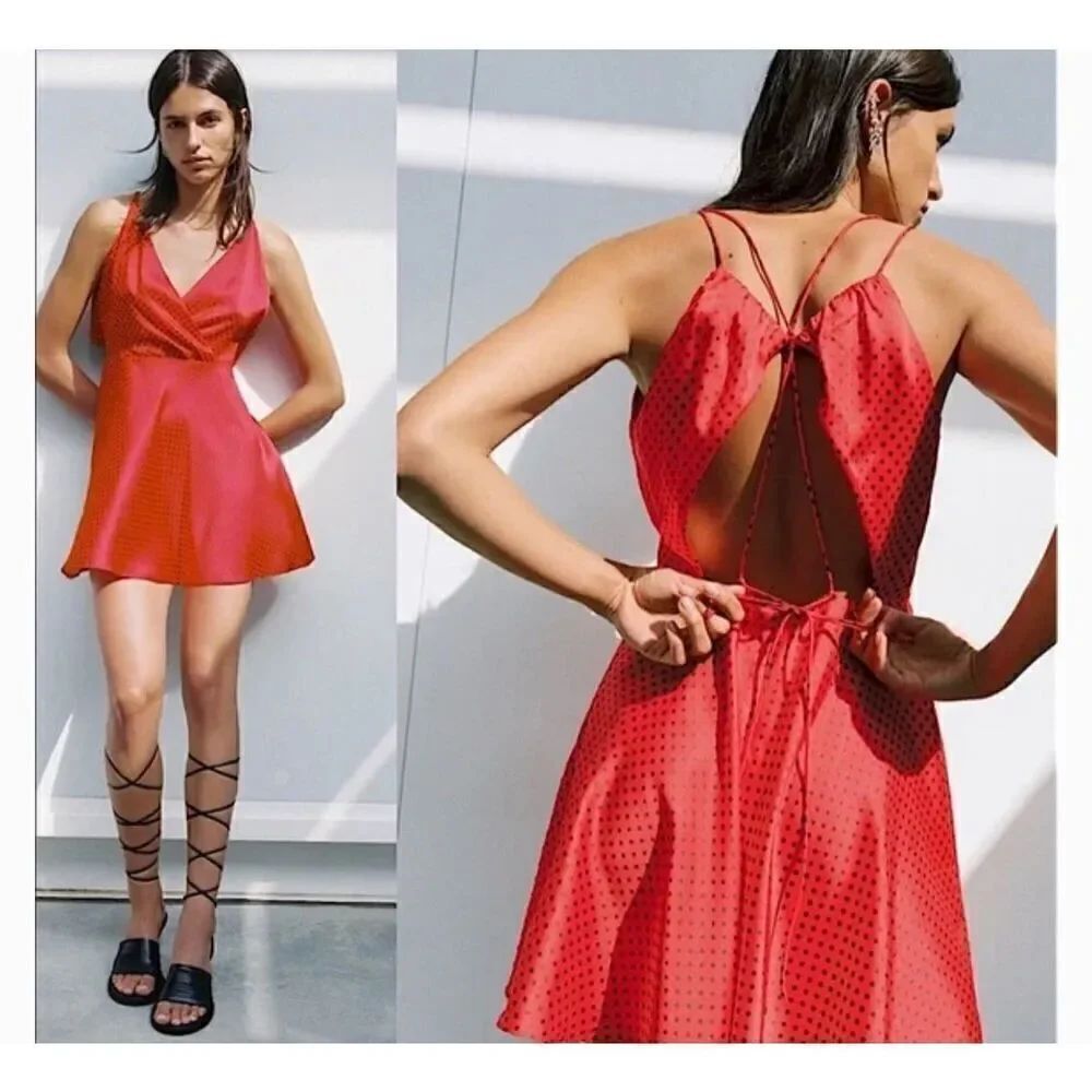 ZARA Polka Dot Open Back Satin Mini Dress NWT